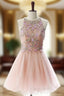 Attractive A lines Pink Homecoming Dresses Open Back Sleeveless Beaded Scoop Mini Homecoming Dresses