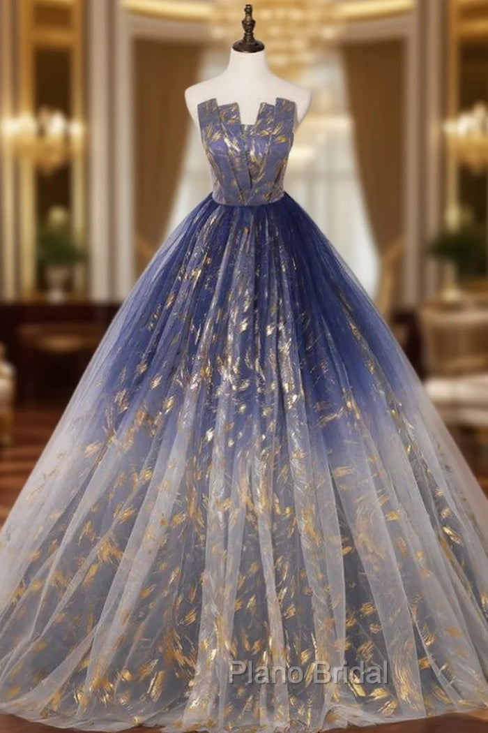 Available In Sizes 0-24 Blue Ball Gown Tulle Gold Stamping Strapless Quinceanera Dresses Main image