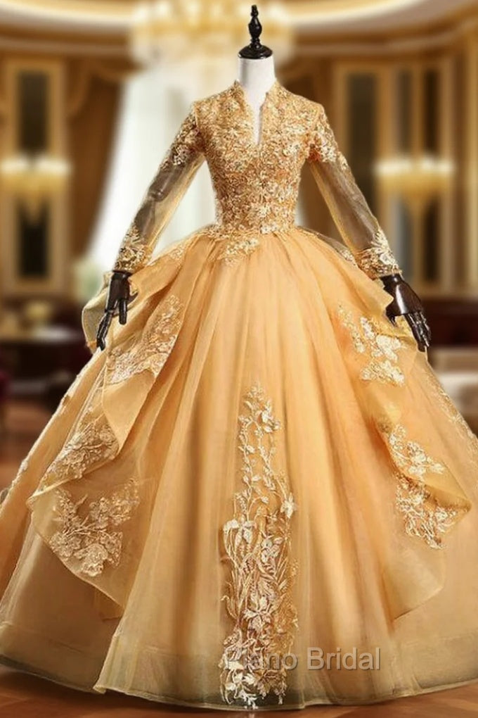 Available In Sizes 0-24 Gold Ball Gown Tulle Appliques Long Sleeve Backless Quinceanera Dresses Main image