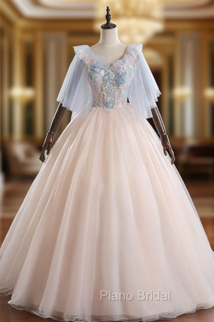 Available In Sizes 0-24 Pink Ball Gown Tulle Appliques V-neck Quinceanera Dresses Main image