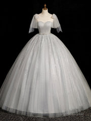 Gray Sparkly Tulle Long Scoop Neckline Prom Dress, Beautiful A-Line Evening Party Dress