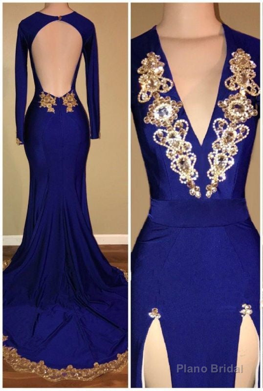 royal blue long sleeve prom dresses cheap gold beads mermaid evening dress with slit Main image