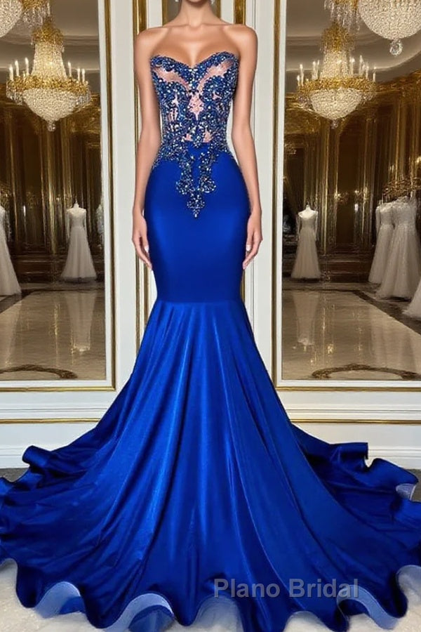 Royal Blue High Neck Sleeveless Mermaid Formal Prom Dress with Beadings Main image