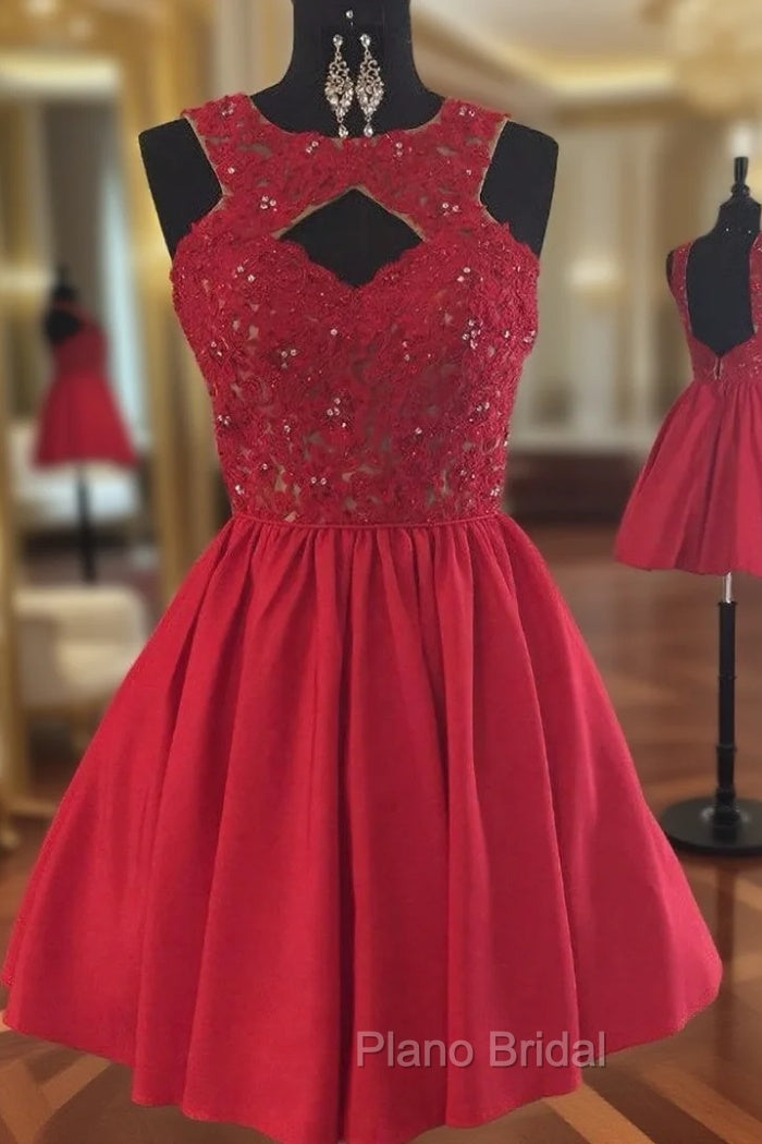 Backless Beaded Lace Red Satin Homecoming Dresses Short Formal Prom Gowns Main image