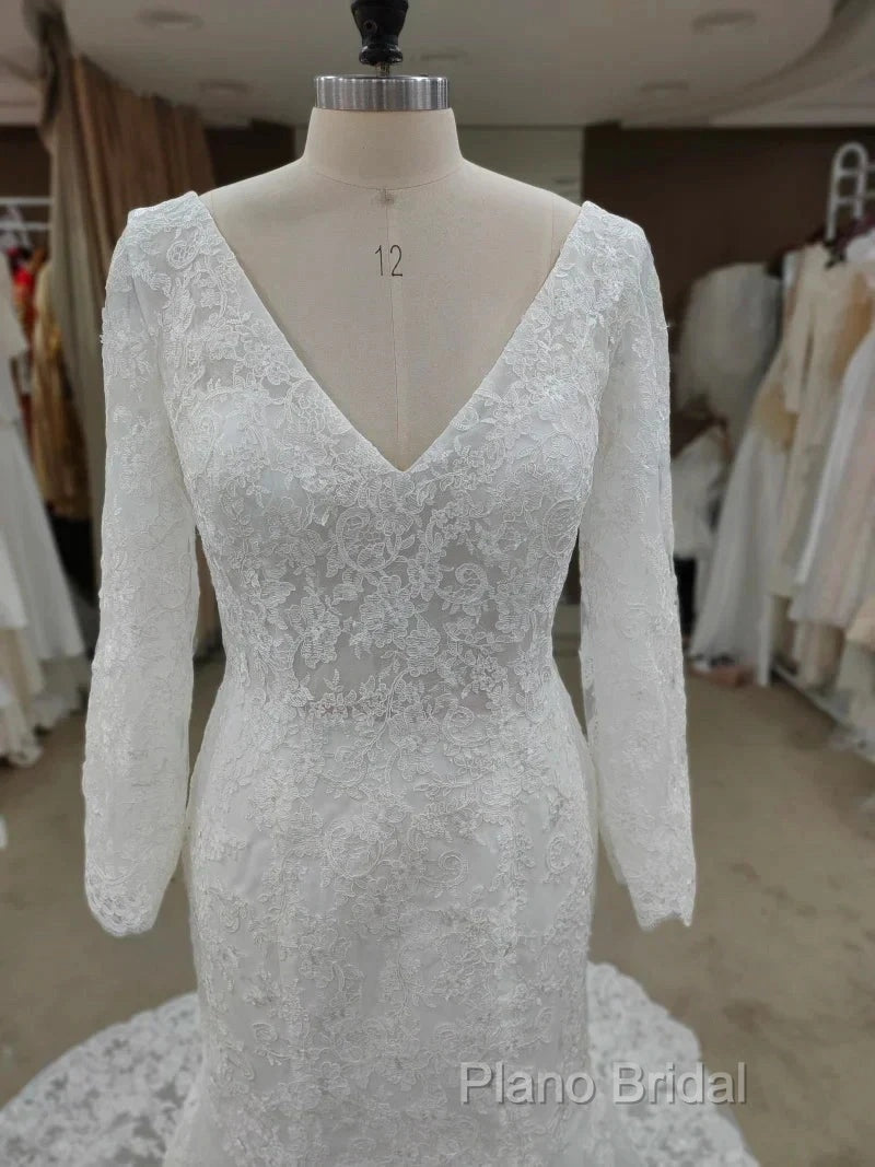 Backless Bohemian Simple V-Neck Long Sleeve Lace Wedding Dresses With Train