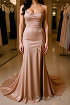 Backless Champagne Long Formal Prom Dress with High Slit, Long Champagne Formal Graduation Evening Dress