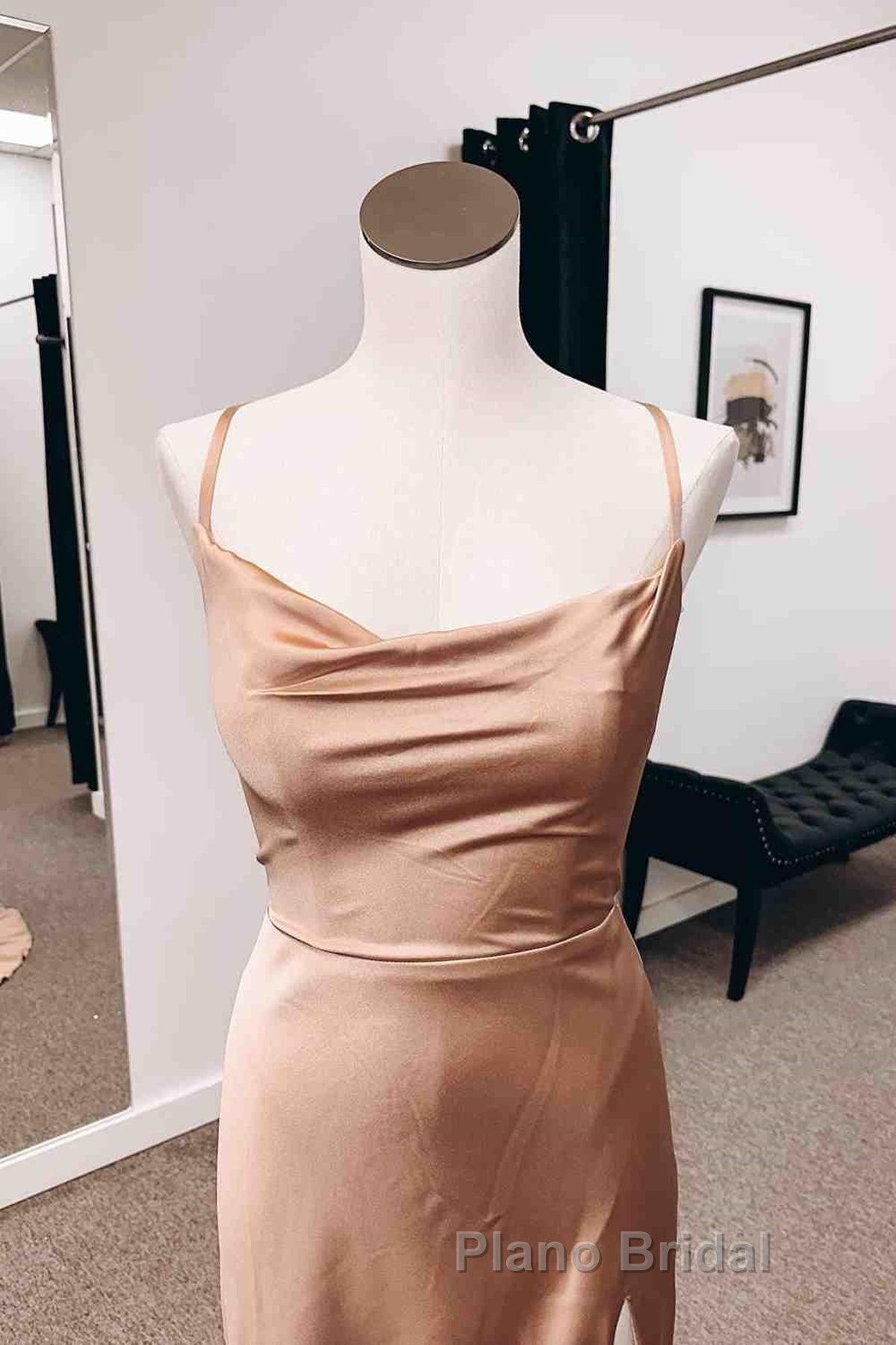 Backless Champagne Long Formal Prom Dress with High Slit, Long Champagne Formal Graduation Evening Dress