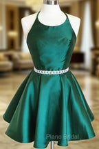 Backless Dark Green Short Formal Prom Dresses, Short Dark Green Formal Homecoming Dresses