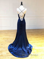 Backless Dark Navy Blue Long Formal Prom Dresses, Dark Navy Blue Formal Graduation Evening Dresses