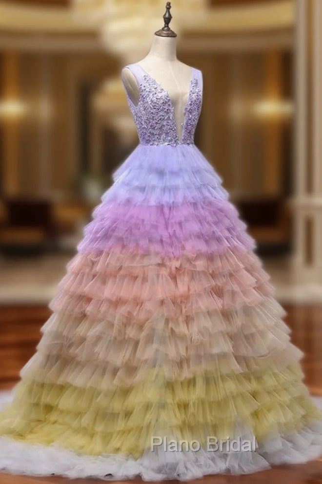 Backless Deep-V neck Tulle Multicolor Sleeveless Wedding Dresses Main image