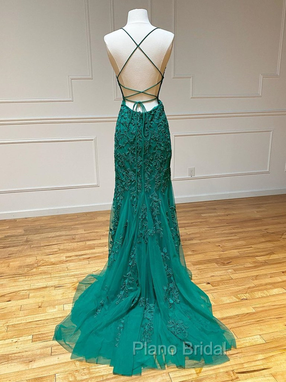 Backless Green Lace Mermaid Formal Prom Dresses, Open Back Mermaid Lace Formal Evening Dresses