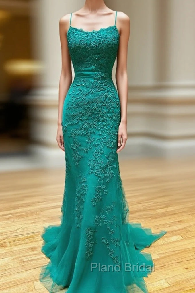 Backless Green Lace Mermaid Formal Prom Dresses, Open Back Mermaid Lace Formal Evening Dresses Main image
