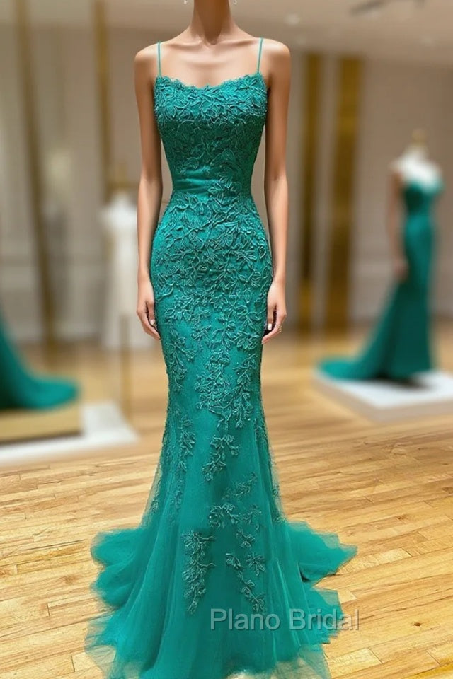 Backless Green Mermaid Lace Formal Prom Dresses, Open Back Green Lace Mermaid Formal Evening Dresses Main image