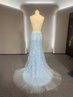 Backless Light Blue Lace Formal Prom Dresses, Open Back Light Blue Lace Formal Evening Dresses