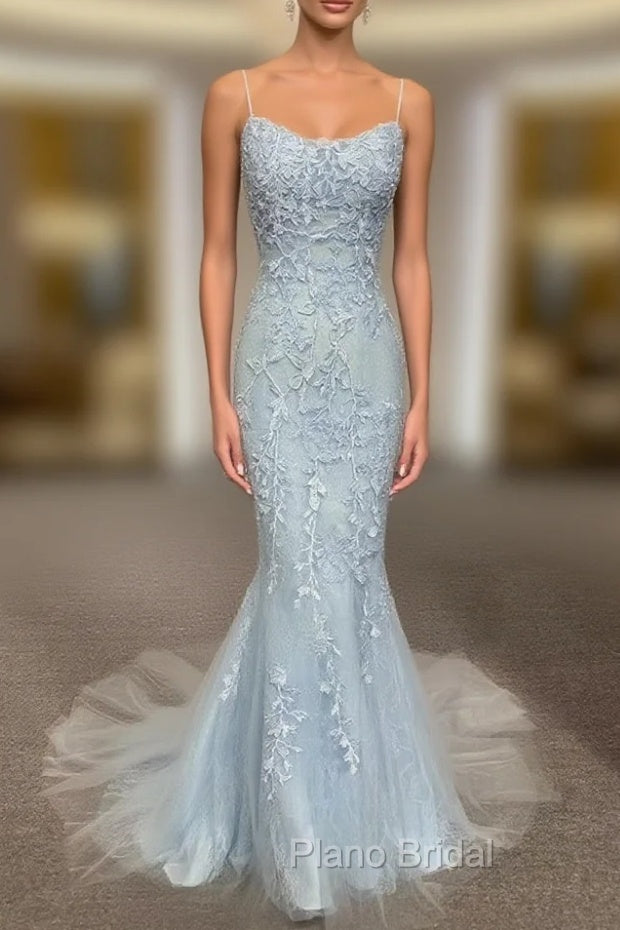 Backless Light Blue Lace Formal Prom Dresses, Open Back Light Blue Lace Formal Evening Dresses Main image