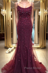 Backless Mermaid Beaded Maroon Lace Long Formal Prom Dresses, Backless Burgundy Lace Formal Dresses, Burgundy Tulle Evening Dresses