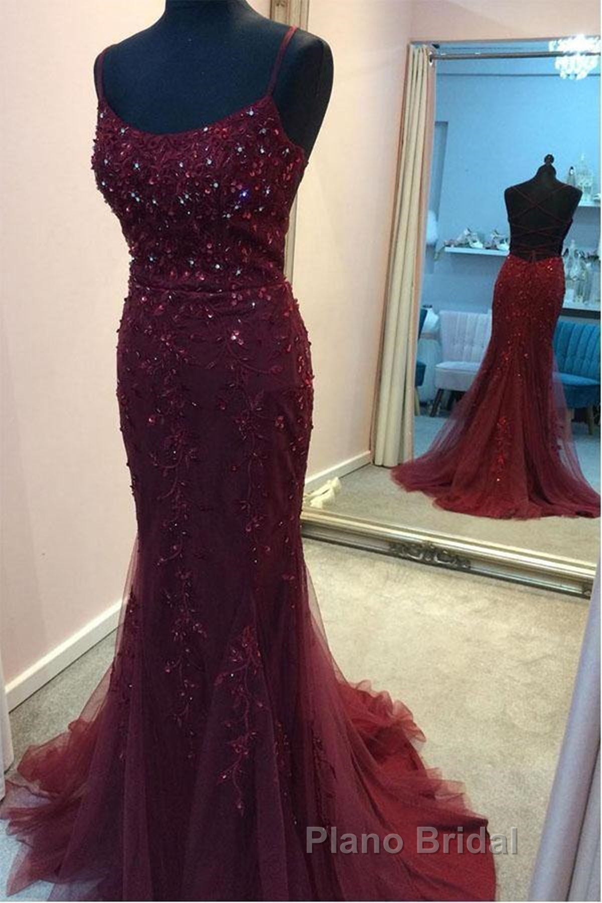 Backless Mermaid Beaded Maroon Lace Long Formal Prom Dresses, Backless Burgundy Lace Formal Dresses, Burgundy Tulle Evening Dresses Secondary image