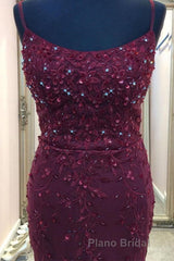Backless Mermaid Beaded Maroon Lace Long Formal Prom Dresses, Backless Burgundy Lace Formal Dresses, Burgundy Tulle Evening Dresses