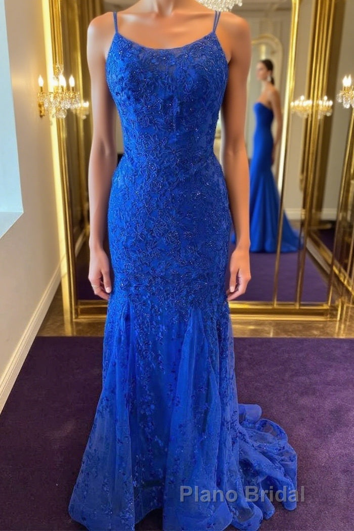 Backless Mermaid Blue Lace Tulle Long Formal Prom Dress, Mermaid Blue Formal Dress, Blue Lace Evening Dress Main image