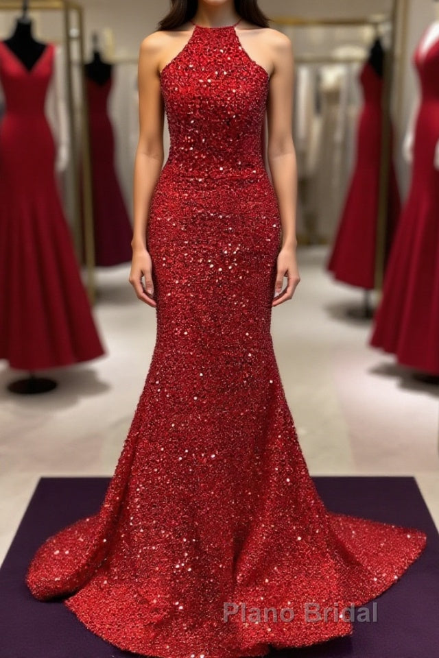 Backless Mermaid Burgundy Sequins Long Formal Prom Dress, Mermaid Burgundy Formal Dress, Burgundy Evening Dress