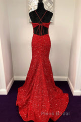 Backless Mermaid Burgundy Sequins Long Formal Prom Dress, Mermaid Burgundy Formal Dress, Burgundy Evening Dress