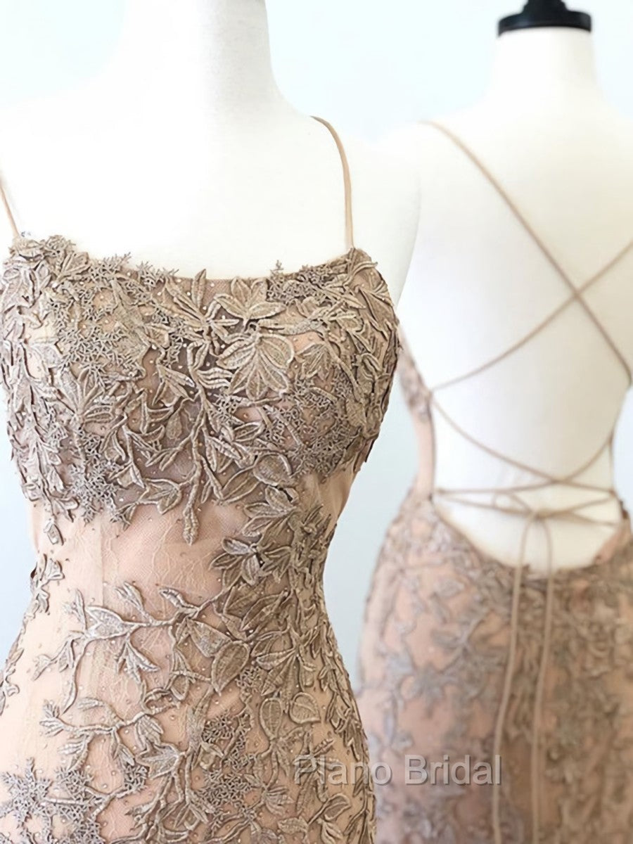 Backless Mermaid Champagne Lace Formal Prom Dresses, Champagne Backless Mermaid Lace Formal Dresses Secondary image