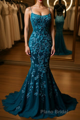Backless Mermaid Dark Teal Lace Long Formal Prom Dress, Mermaid Teal Lace Long Formal Evening Dress