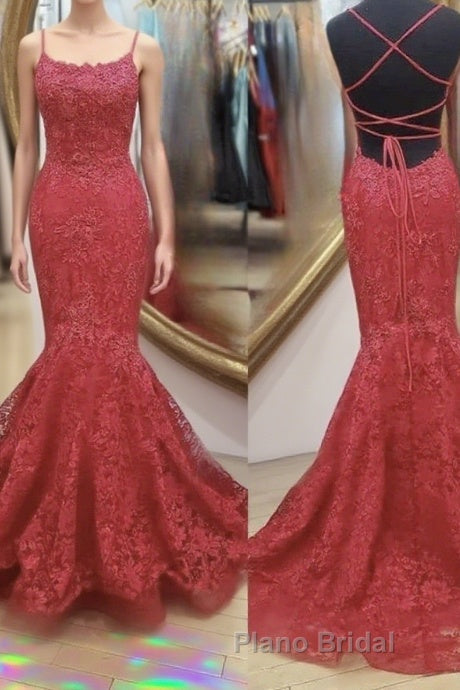 Backless Mermaid Red Lace Long Formal Prom Dress, Mermaid Red Lace Formal Dress, Red Lace Evening Dress