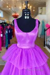 Backless Purple High Low Formal Prom Dresses, Open Back Purple High Low Formal Evening Dresses