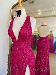 Backless Royal Blue Sequin Formal Prom Gown with Slit,Prom Dresses with Sequins