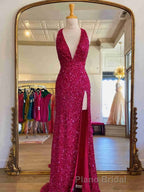 Backless Royal Blue Sequin Formal Prom Gown with Slit,Prom Dresses with Sequins