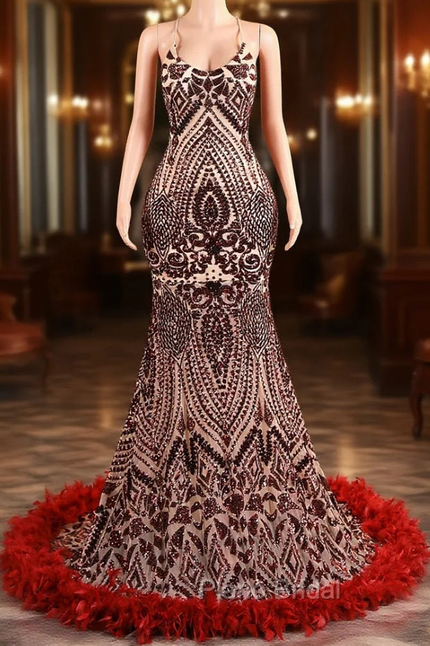 Backless Sequins Mermaid Formal Prom Dresses Burgundy Party Evening Dresses with Feather Chapel Train Main image