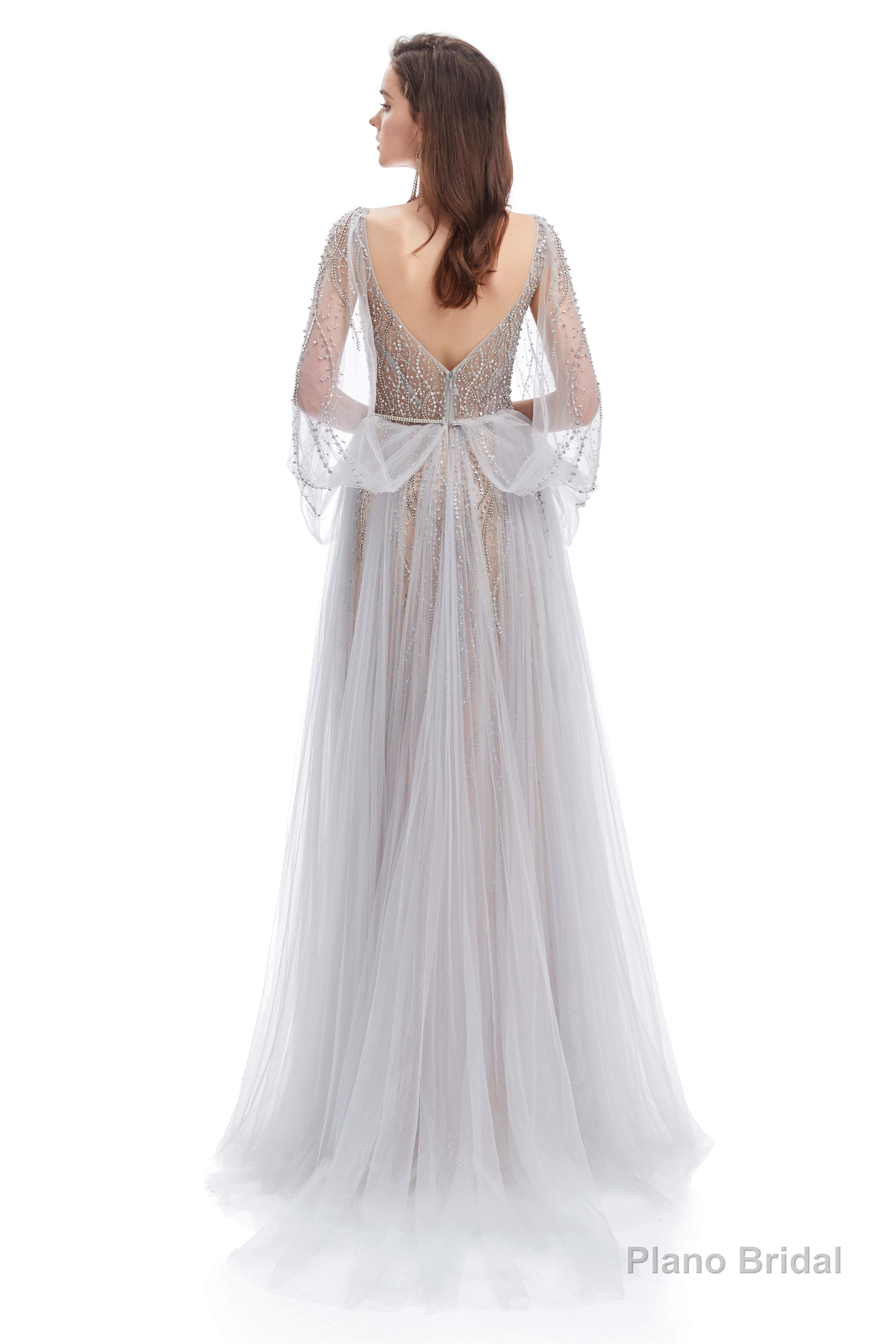 Backless V-neck Sequins Rhinestone Floor Length Prom Dresses