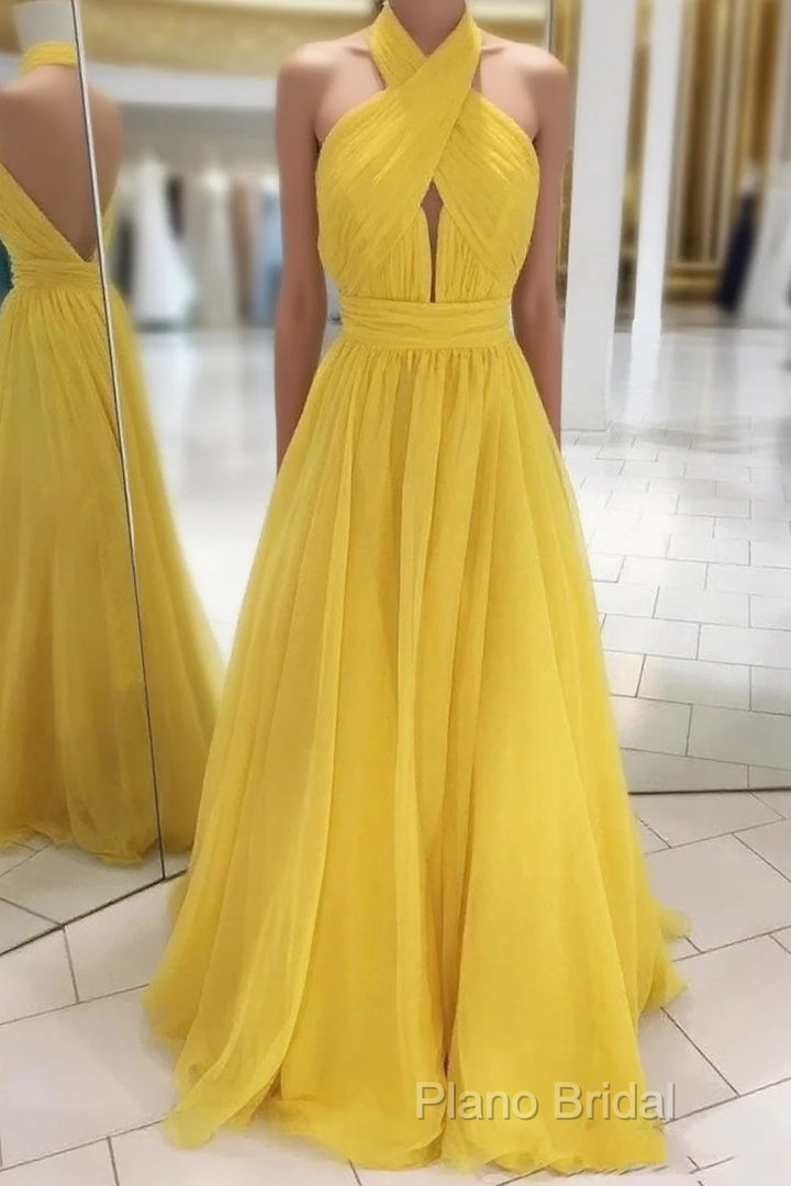 Backless Yellow Chiffon Long Formal Prom Dresses, Open Back Yellow Formal Bridesmaid Dresses