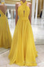 Backless Yellow Chiffon Long Formal Prom Dresses, Open Back Yellow Formal Bridesmaid Dresses