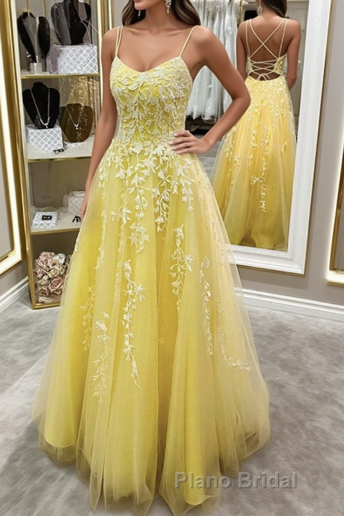 Backless Yellow Lace Long Formal Prom Dress, Long Yellow Lace Formal Dress, Yellow Evening Dress Main image