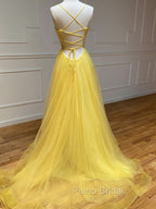 Backless Yellow Tulle Long Formal Evening Dresses, Open Back Yellow Tulle Long Formal Prom Dresses