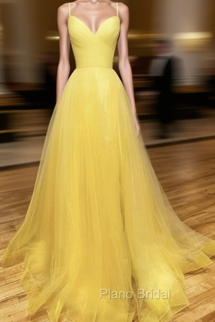 Backless Yellow Tulle Long Formal Evening Dresses, Open Back Yellow Tulle Long Formal Prom Dresses Main image