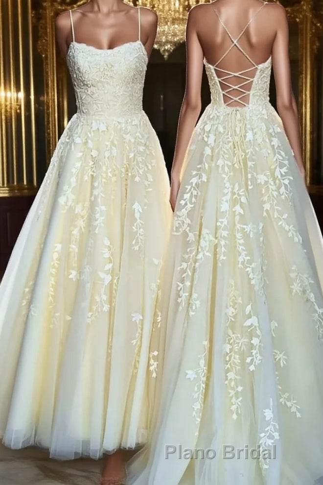 Backless Yellow Tulle Long Lace Formal Prom Dresses, Open Back Yellow Lace Formal Evening Dresses