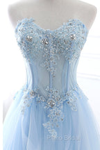 Light Blue Beaded Long Formal Prom Dresses