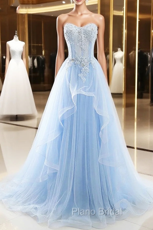 Light Blue Beaded Long Formal Prom Dresses