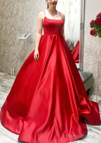 Ball Gown A-line Square Neckline Spaghetti Straps Sweep Train Satin Prom Dresses With Pleated Pockets