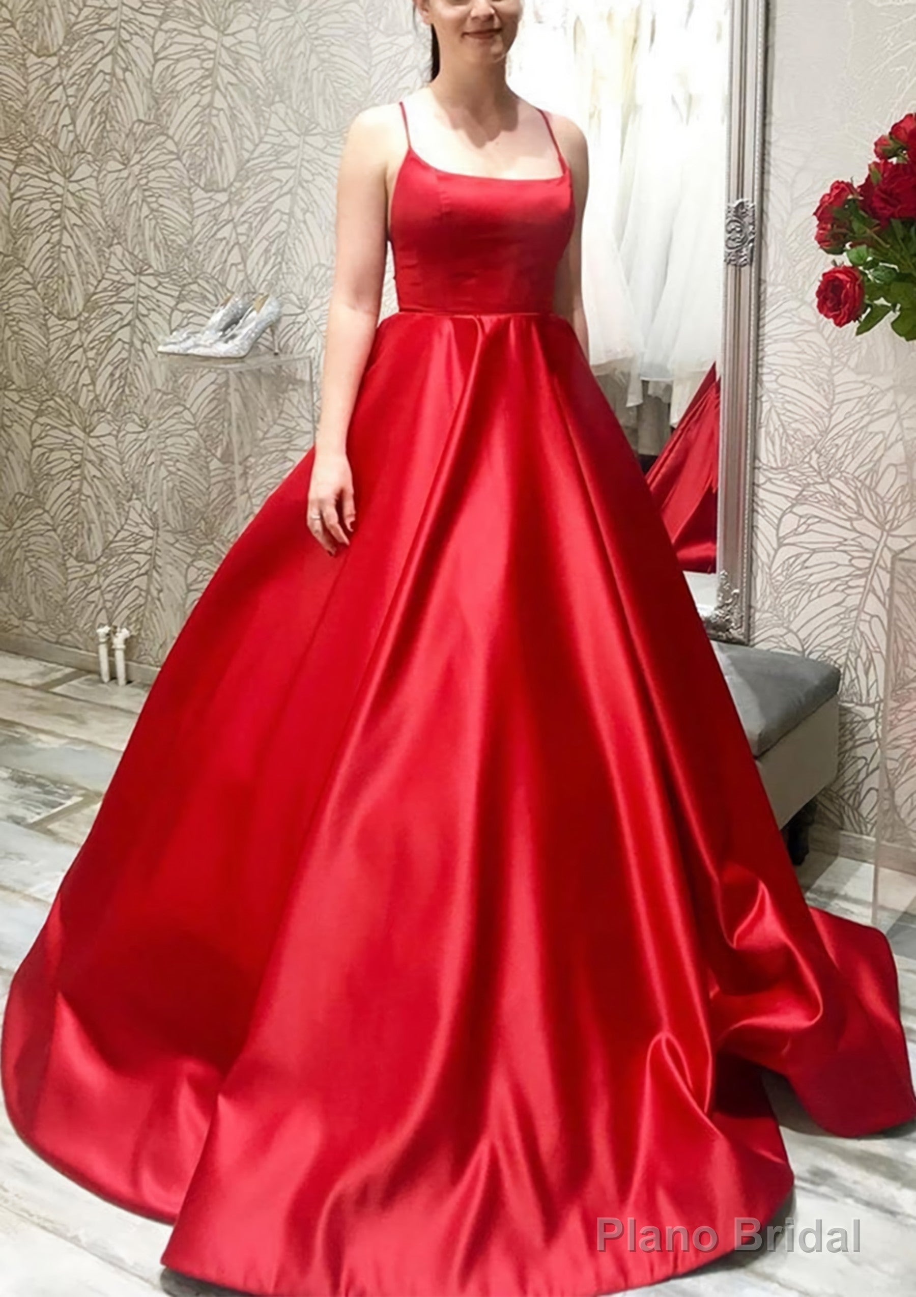 Ball Gown A-line Square Neckline Spaghetti Straps Sweep Train Satin Prom Dresses With Pleated Pockets