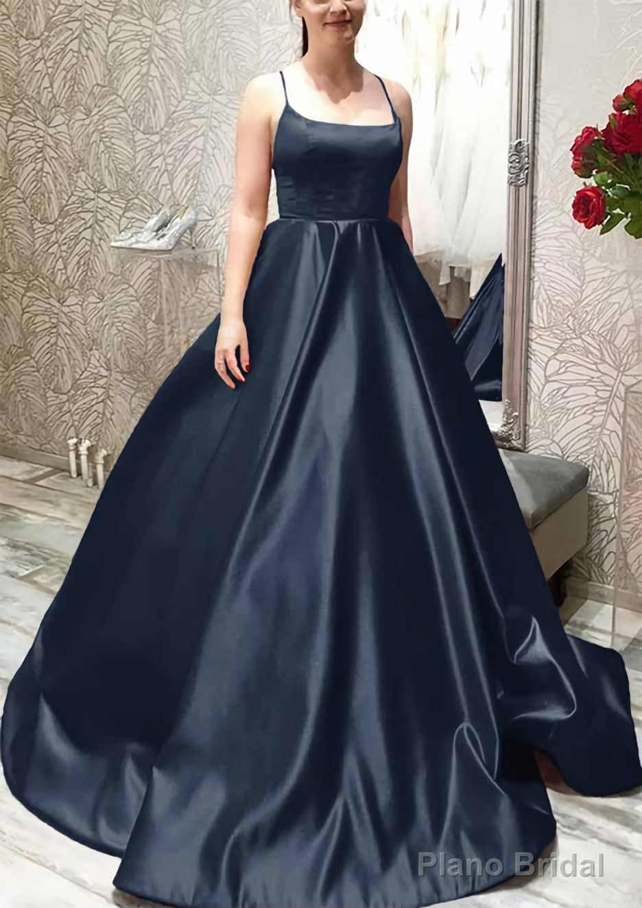 Ball Gown A-line Square Neckline Spaghetti Straps Sweep Train Satin Prom Dresses With Pleated Pockets Secondary image