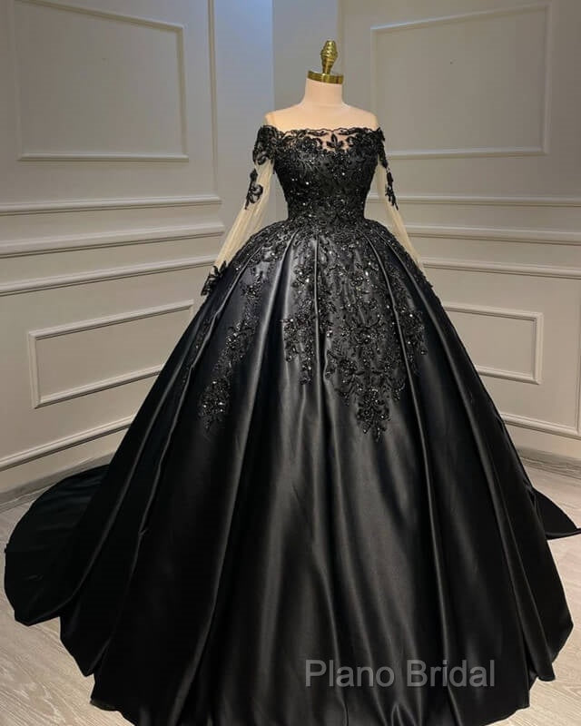 Ball Gown Appliques Long Sleeve Satin Dresses