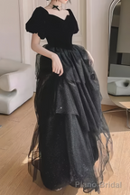 Ball Gown Black Prom Dress With Puffy Sleeves Long Prom Dresses