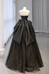 Ball Gown Black Sweetheart Neck Satin Tulle Long Formal Prom Dresses
