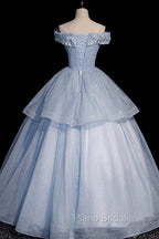 Ball Gown Blue Tulle Lace Long Party Dresses, Off the Shoulder Evening Dresses