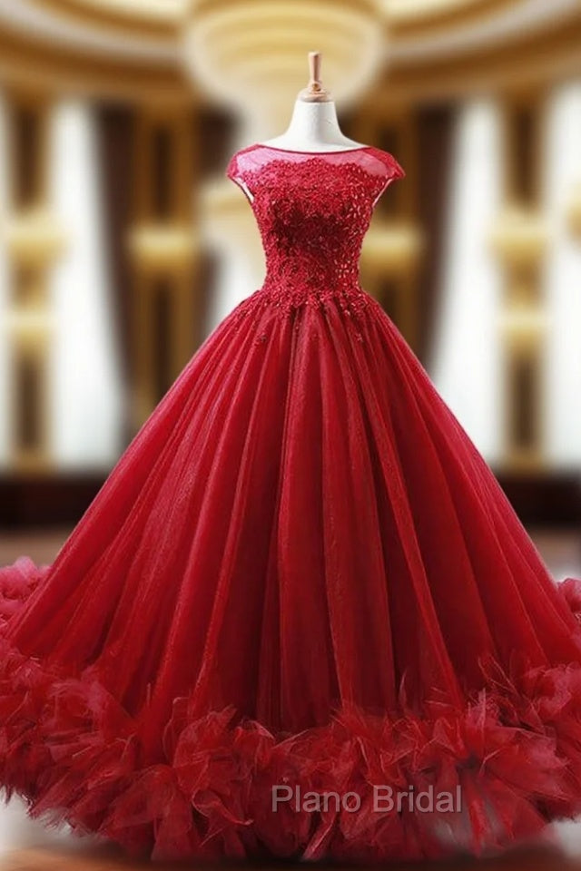 Ball Gown Burgundy Tulle Appliques Backless Wedding Dresses Main image