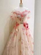 Ball Gown Champagne Floral Formal Prom Dresses Long Party Dresses